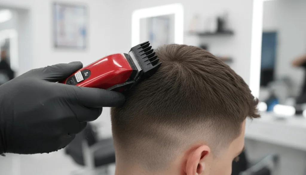 A close-up of a person’s head as a barber uses a clipper with a guard to blend the upper section into the fade, smoothing the transition between the shorter sides and longer top.