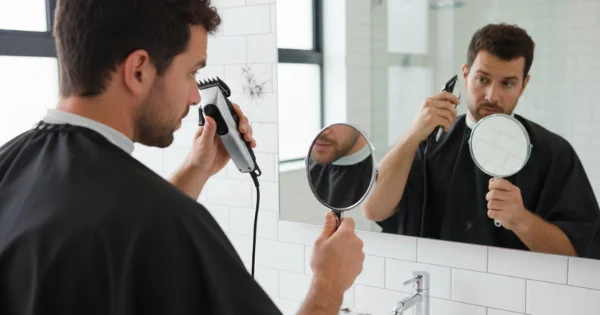 A man stands in front of a mirror, holding a handheld mirror and using an electric clipper to prepare for a buzz cut fade, checking his hair from different angles.