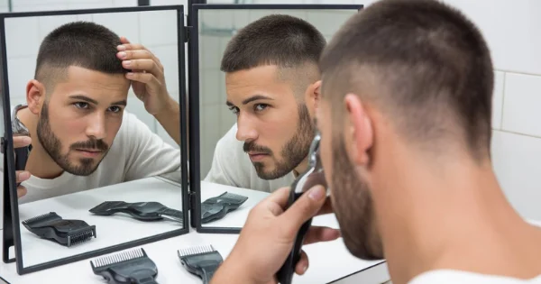 A man checks his haircut in the mirror while using an electric trimmer to clean up around the ears and neckline, putting the finishing touches on a buzz cut fade.