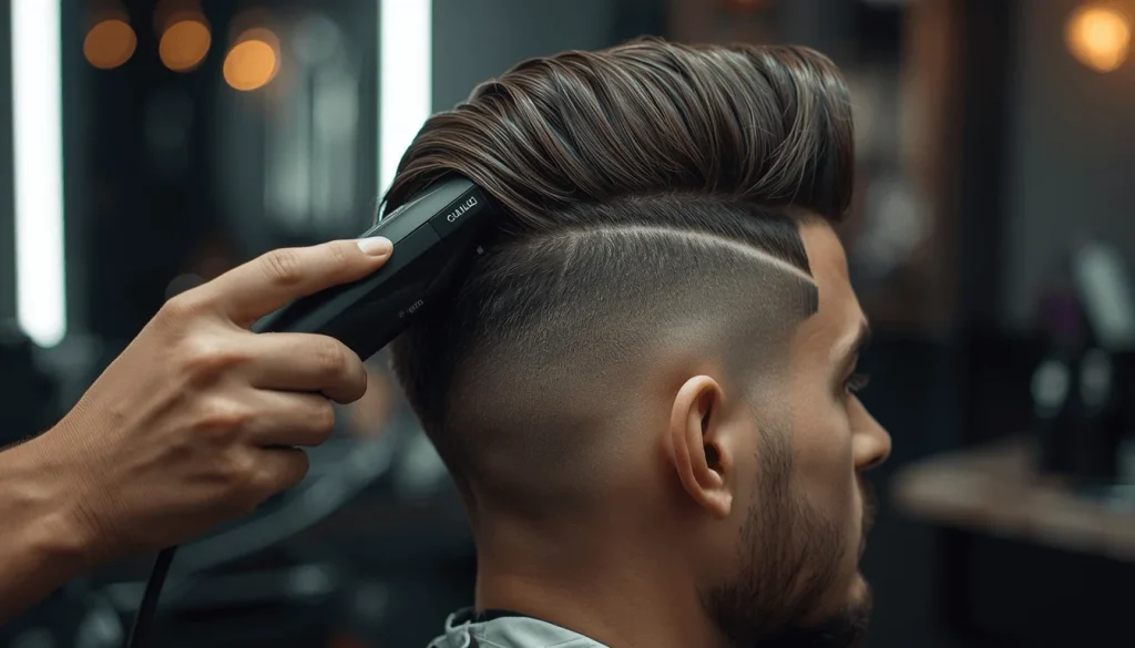 A barber uses an electric clipper to create the initial guideline on the sides, setting the base line for a buzz cut fade.
