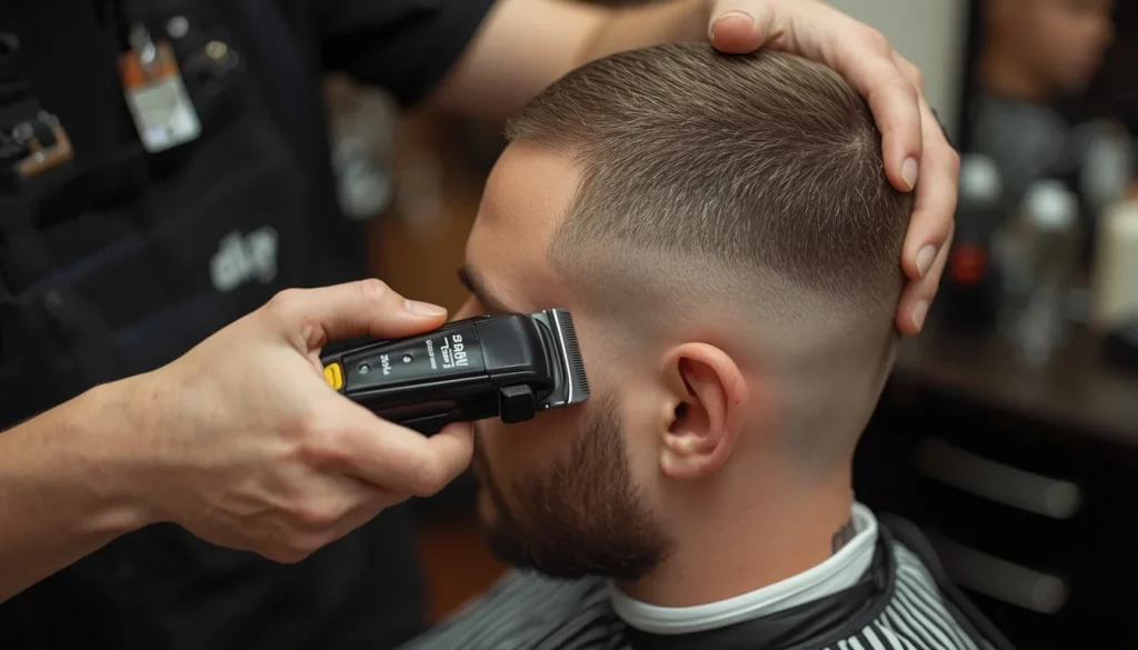 A barber uses an electric clipper to trim and shape the sides near the temple area, beginning to define the fade on a buzz cut.