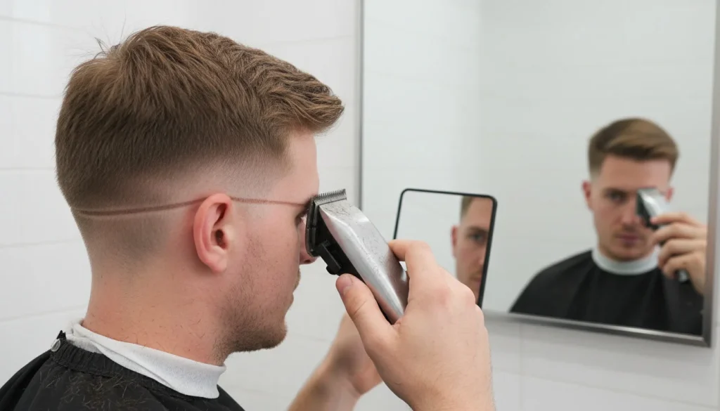 A man uses an electric clipper in front of a mirror to clean up and refine the front hairline, sharpening the edges of a buzz cut fade.
