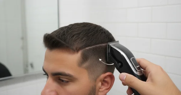 A close-up of a man’s head as an electric clipper is used to clean up and refine the fade line near the temple, smoothing the transition for a sharper buzz cut fade.