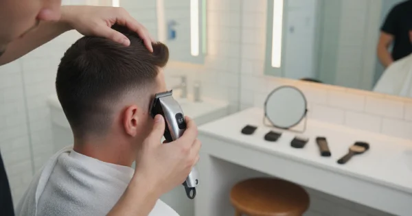 A man uses an electric clipper in front of a mirror to do final touch-ups on the sides and back, refining and smoothing the buzz cut fade.