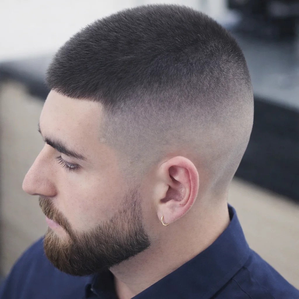 A close-up profile image of a man with a buzz cut hairstyle, featuring a neat high fade with short, dark hair on top that gradually fades to a clean, shaved look at the sides. He has a well-groomed beard and a small gold hoop earring in his left ear. The man is wearing a navy blue shirt, and the background is softly blurred, highlighting the crisp details of his style and the sharpness of his haircut.
