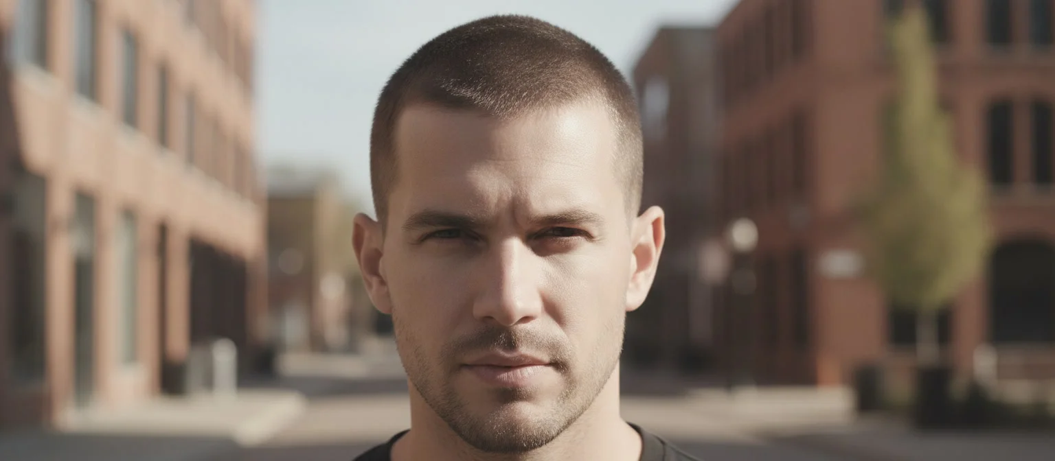 Portrait of a man with a buzz cut hairstyle, set against a blurred cityscape background, representing the theme of modern buzz cuts