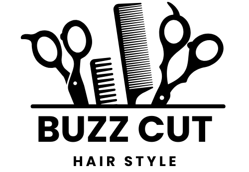 Buzz Cut Hairstyle logo featuring a pair of scissors and a comb, symbolizing precision haircuts and modern hairstyling
