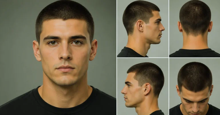 collage of man with 8 guard buzz cut hairstyle multiple views showing uniform length