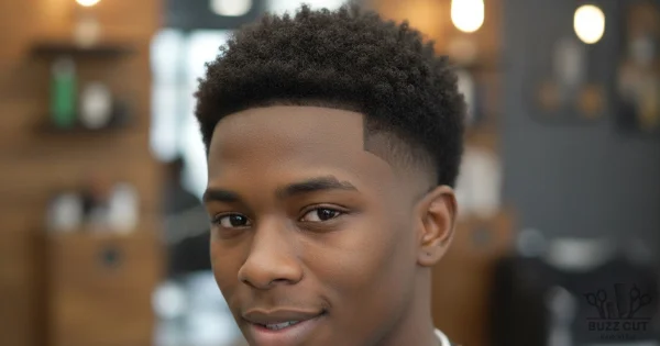Black man sitting in a barbershop with an afro black hair buzz cut fade for men, showcasing a curly textured top, smooth fade, and precise edge-up