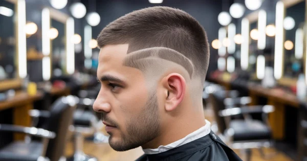 Man with buzz cut burst fade featuring sharp curved design on the sides in a modern barbershop