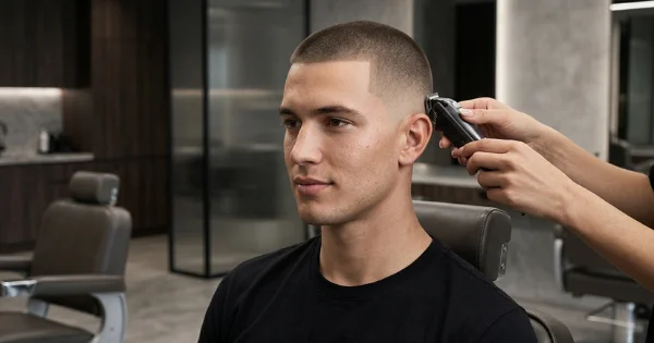 Man getting buzz cut fade with clippers detailed side fade and lineup