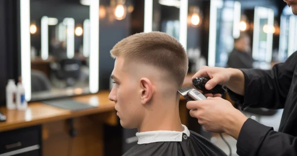 Side view of a barber trimming a buzz cut mid fade haircut with clippers in a professional barbershop.