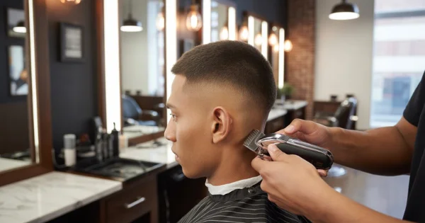 Man getting buzz cut low fade with clippers detailed side fade view