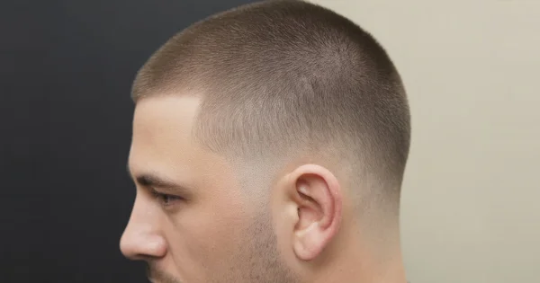 Side profile of a man with a clean buzz cut and a smooth taper fade, showing a gradual transition from shorter hair around the ears to slightly longer hair on top.