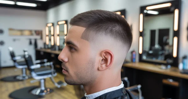 Man with a buzz cut skin fade haircut being trimmed by a barber with clippers in a barbershop.