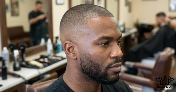 Close-up of a buzz cut bald fade haircut, showing a smooth gradient from shaved sides to slightly longer hair on top with soft lighting and subtle texture.