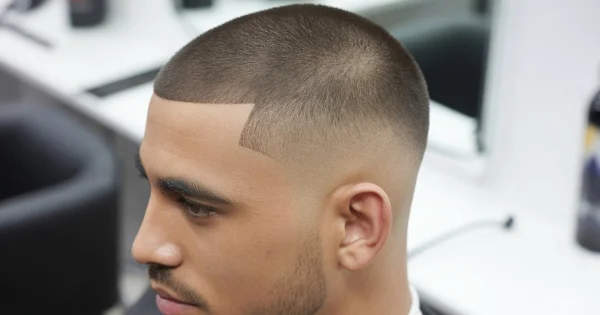 man with buzz cut fade style featuring sharp lineup and clean blended sides.