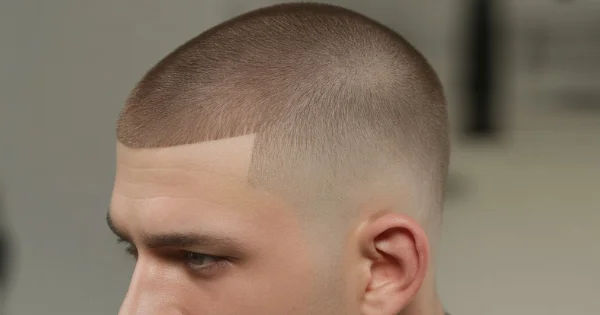 Close-up side view of a man with a clean buzz cut and low buzz fade, featuring a sharp lineup and a smooth transition from skin-faded sides to evenly trimmed hair on top.