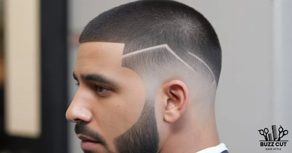 Drake buzz cut fade on a man with a sharp lineup, clean low fade, and a precise shaved design line on the side, paired with a well-groomed beard, shown from a side profile.