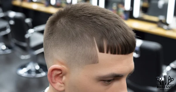 French crop fringe long buzz cut fade on a man with a blunt, straight-across fringe, textured longer top, and smoothly blended low fade on the sides, shown in a barbershop setting.