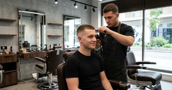 Professional barber creating a long buzz cut fade hairstyle for a client with clippers in a modern barbershop interior.