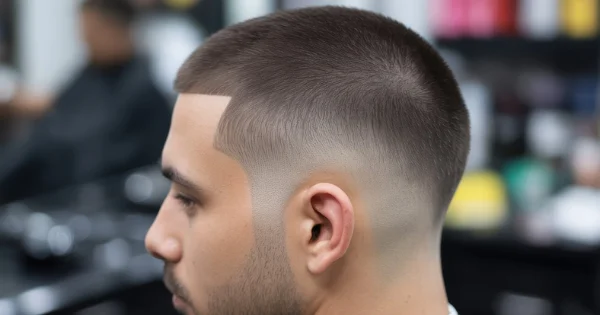 Low drop fade buzz cut on a man with a clean, sharp hairline and gradually tapered sides blending into a short, even-length top, viewed from the side in a barbershop setting.