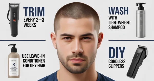 man with 8 guard buzz cut hairstyle with care routine tips using clippers shampoo and conditioner.