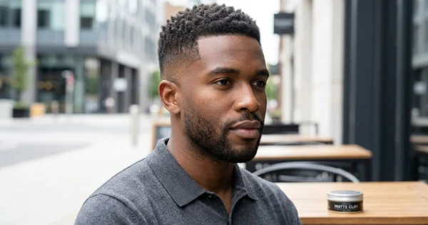 Man sitting outdoors with a mid-length buzz cut fade for men, featuring a clean low fade, textured longer hair on top, and a natural modern hairstyle.
