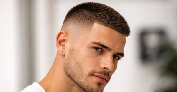 man with short buzz cut fade clean sides and low maintenance modern haircut 2026