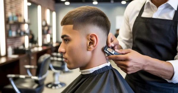 Barber creating a taper buzz cut fade on a young man using clippers in a modern barbershop.