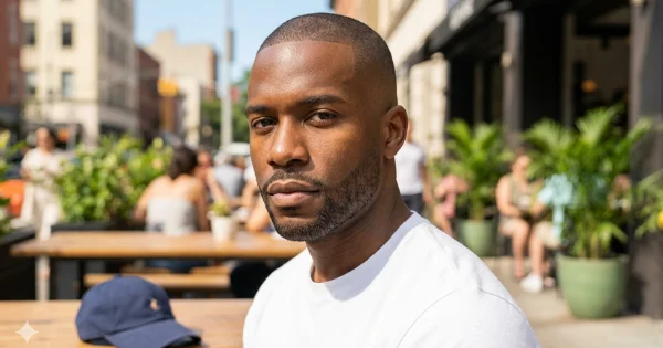 Man sitting outdoors with a very short buzz cut fade for men, featuring a tight skin fade, ultra-short even hair, and a clean sharp lineup in a modern casual setting