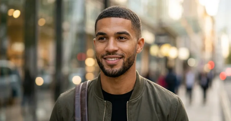 Man with a clean 10 guard buzz cut hairstyle featuring even hair length, sharp hairline, and neatly blended sides in an urban street setting.
