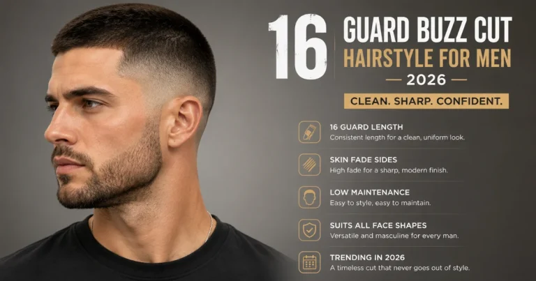 Side profile of a stylish man with a clean 16 guard buzz cut hairstyle and skin fade sides, sharp beard, and modern look, featuring text about the Popular 16 Guard Buzz Cut Hairstyle for Men 2026 with grooming highlights.”