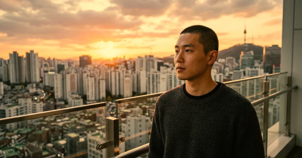 Asian buzz cut hairstyle with short, even trim, man standing on balcony with urban skyline at sunset
