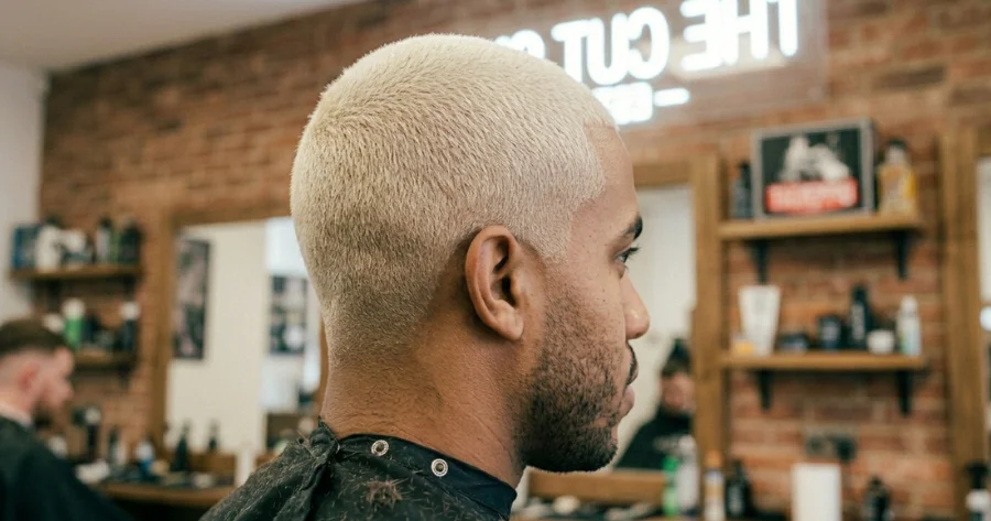 Man with a bleached blonde buzz cut in a barbershop, showcasing a clean, evenly trimmed short hairstyle.