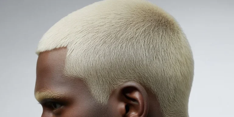Close-up of a bleached blonde buzz cut with sharp hairline detail, showcasing clean fade and modern styling.