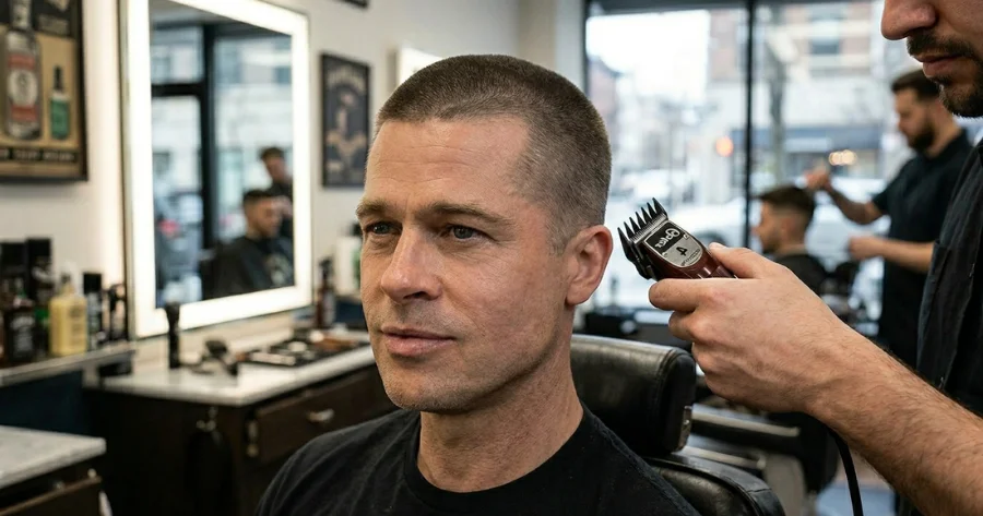Brad Pitt with a short buzz cut getting his hair trimmed with clippers in a barbershop, featuring an even, clean-cut style inspired by a classic celebrity look.