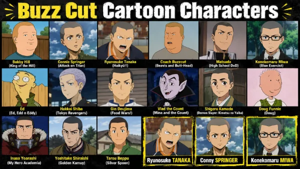 Collage featuring popular buzz cut cartoon characters from anime and animated shows on Buzz-Cut.net, including Bobby Hill from King of the Hill, Connie Springer from Attack on Titan, Ryunosuke Tanaka from Haikyū!!, Coach Buzzcut from Beavis and Butt-Head, Matsuda from High School DxD, Konekomaru Miwa from Blue Exorcist, Ed from Ed, Edd n Eddy, Hakkai Shiba from Tokyo Revengers, Gin Doujima from Food Wars!, Vlad the Count from Mina and the Count, Shigeru Kamado from Demon Slayer, Doug Funnie from Doug, Inasa Yoarashi from My Hero Academia, Yoshitake Shiraishi from Golden Kamuy, and Tarou Beppu from Silver Spoon.
