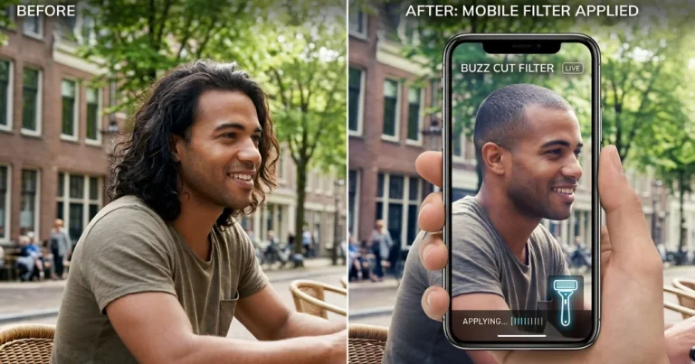 AI buzz cut filter showing man before and after virtual haircut transformation on mobile screen with realistic buzz cut hairstyle preview.