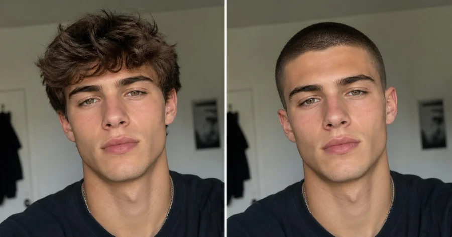 Side-by-side portrait of a young man before and after a buzz cut filter, showing transformation from wavy medium-length hair to a clean, short buzz cut.