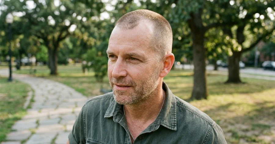 Man with a buzz cut and receding hairline, short even length with a natural look, standing outdoors in a park setting.