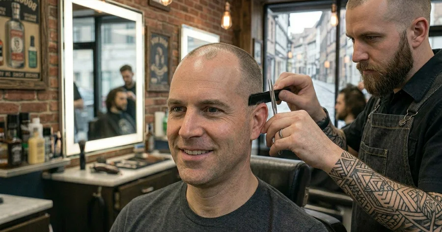 Buzz cut for balding men – barber trimming thinning hair with clippers for a clean, low-maintenance look