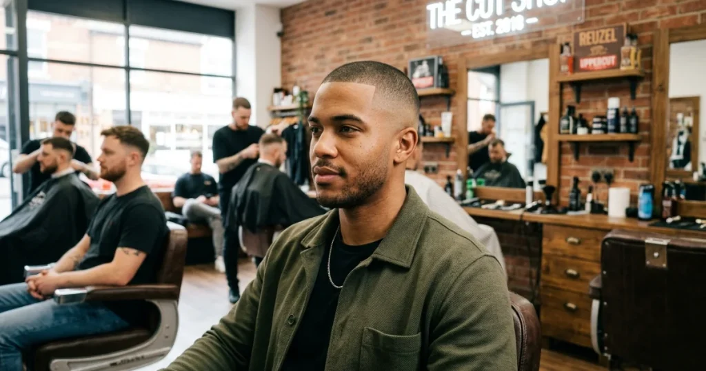 Man with a clean buzz cut and fade sitting in a modern barbershop, showing a sharp, blended haircut with neatly tapered sides and even length on top.