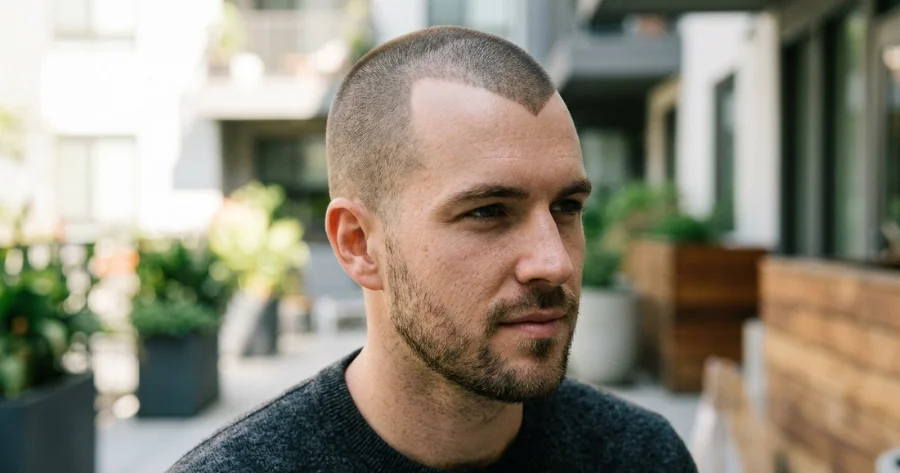 Man with a buzz cut and widow’s peak hairstyle, short faded sides and trimmed beard, outdoor setting