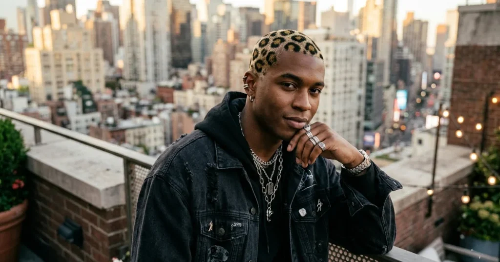 Man with a cheetah print buzz cut hairstyle standing on a rooftop, featuring a bold patterned design shaved and dyed into very short hair with a city skyline in the background.