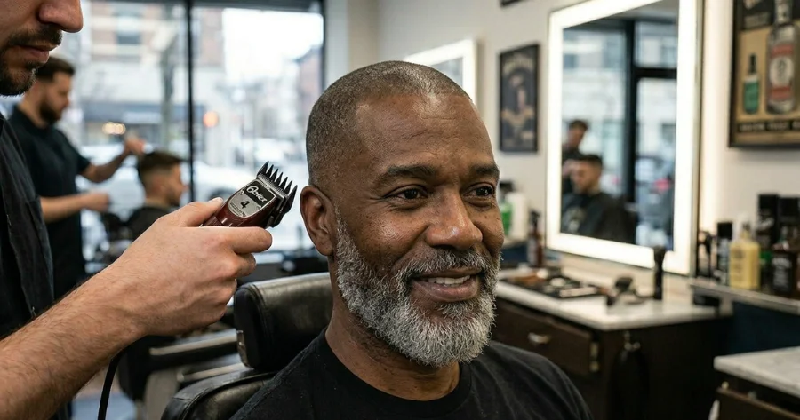 Clipper buzz cut hairstyle for men – barber trimming hair with electric clippers in barbershop