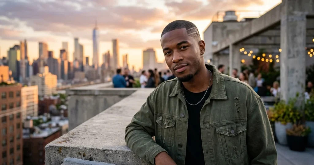 A stylish man with a Cool buzz cut featuring a geometric etched design on a city rooftop at sunset