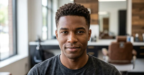 A young man showcasing a clean curly buzz cut with a mid-fade, sitting inside a professional barbershop setting