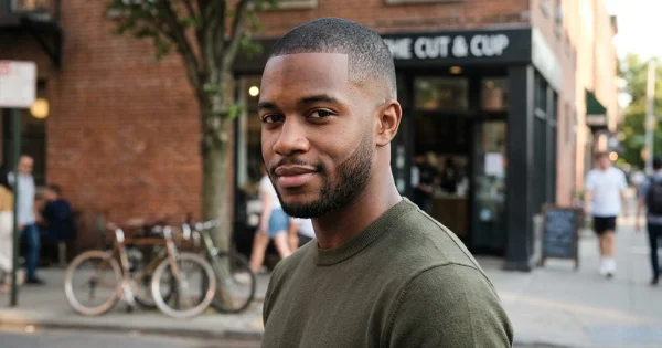 Man with drop fade buzz cut, clean low fade around the ears and neckline, short even length on top, sharp hairline, casual street background