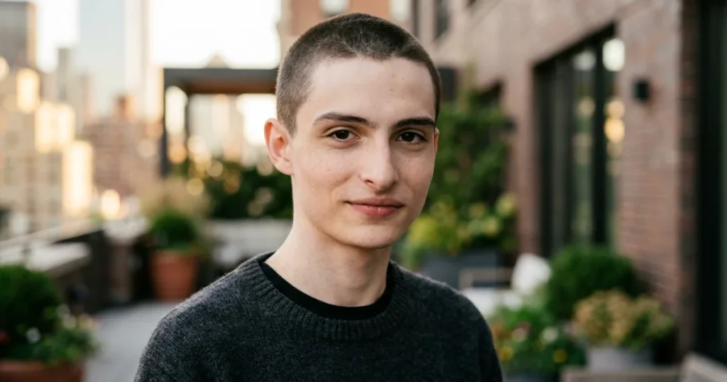 Actor Finn Wolfhard on a rooftop patio with a buzz cut hairstyle